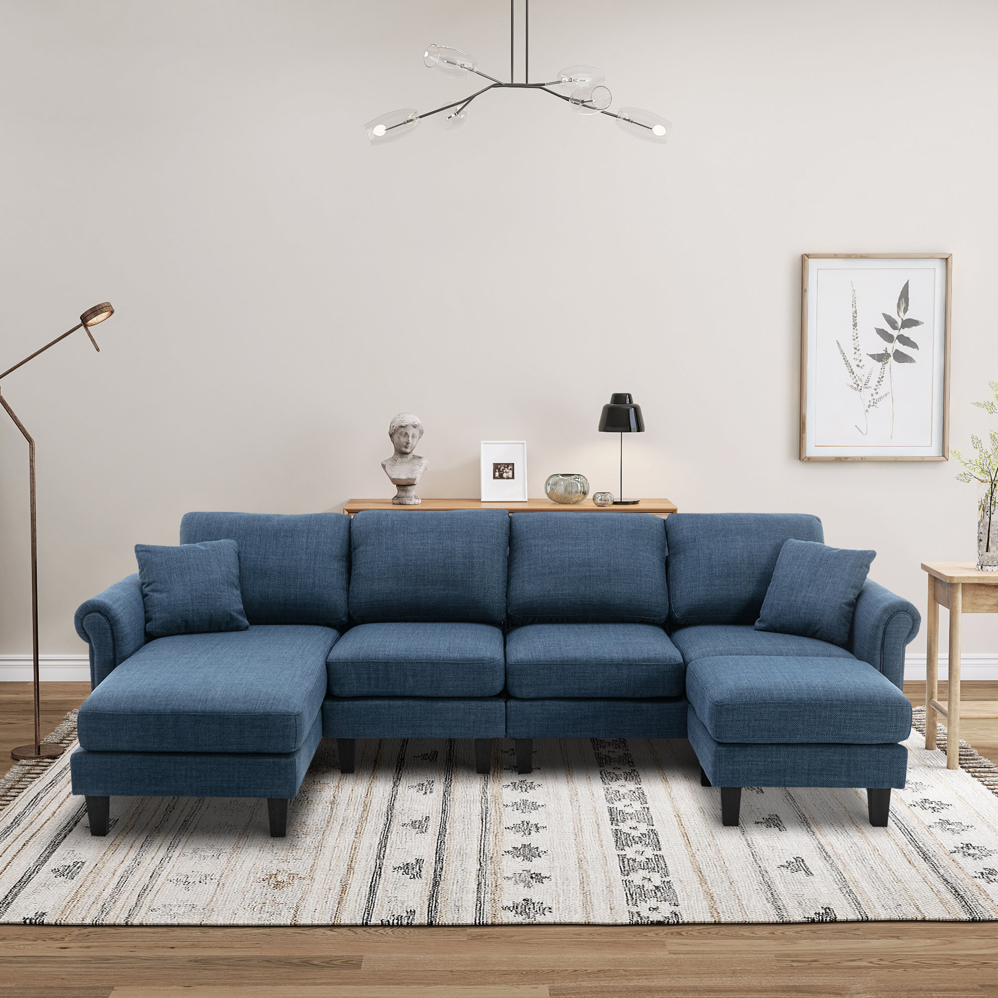 Dekara L Shaped Sectional Sofa Linen Fabric Upholstered Couch with Chaise  and Ottoman