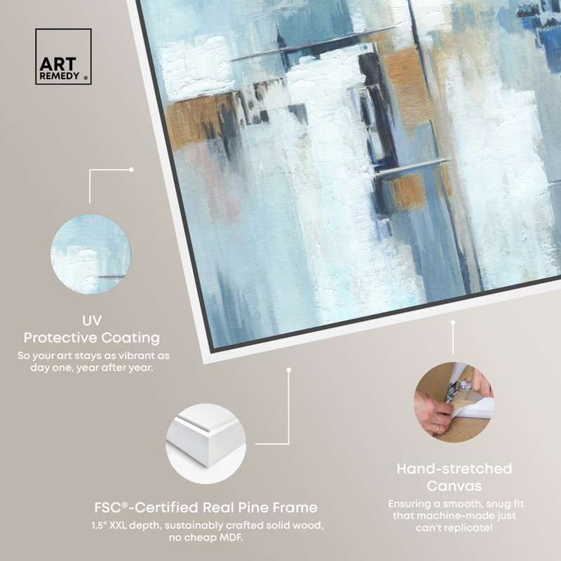 Large Blue and White Abstract Canvas Wall Art with Wooden Frame