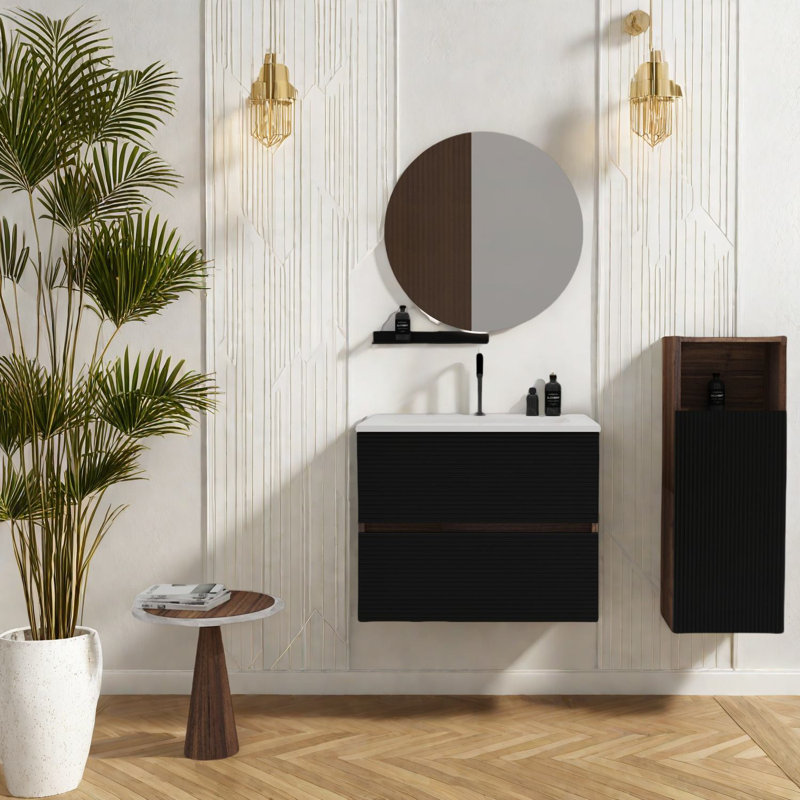 Meuble-lavabo moderne avec rangement, panneau de fibres à densité moyenne et céramique, conception peu encombrante pour la salle de bain
