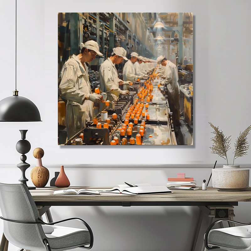  «Orange White ligne d'assemblage Factories II - usines d'art mural», Toile tendue, H 16 po x l 16 po x P 1 po