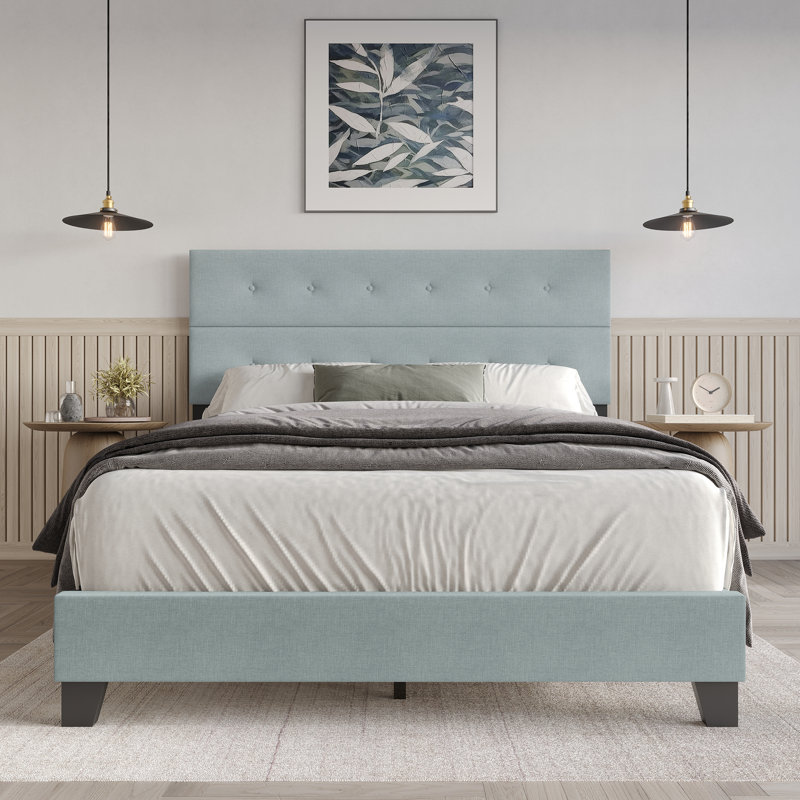 Lit tapissier standard non fini Sherlyne, Bleu clair, Très grand