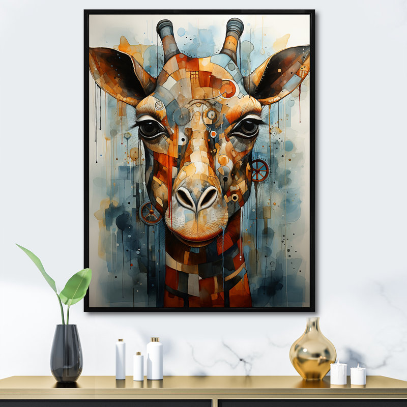 Portrait de girafe moderne - impression, Cadre flottant noir, H 32 po x l 16 po x P 1 po