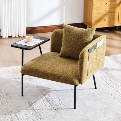 Méridienne moderne rembourrée de loisirs, canapé simple avec petite table, coussin de dossier, pieds en métal et poches latérales, convient au salon, à la chambre à coucher, au jardin