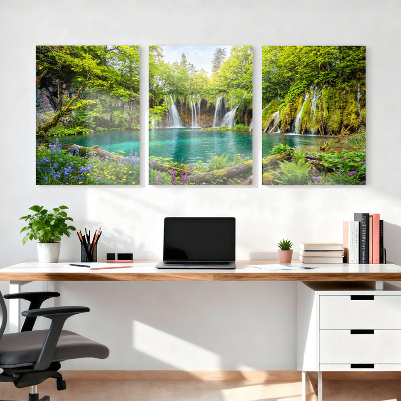 Ensemble de 3 tableaux sur toile représentant un paysage de cascade en forêt, parfaits pour la décoration du salon et de la chambre.