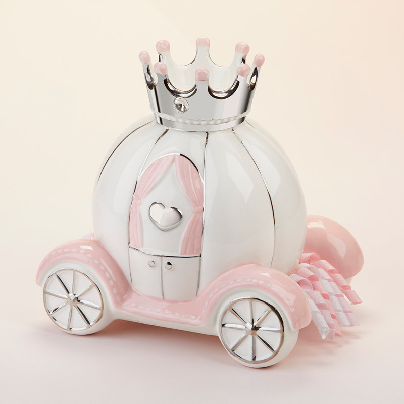 White and Pink Ceramic Princess Carriage Piggy Bank