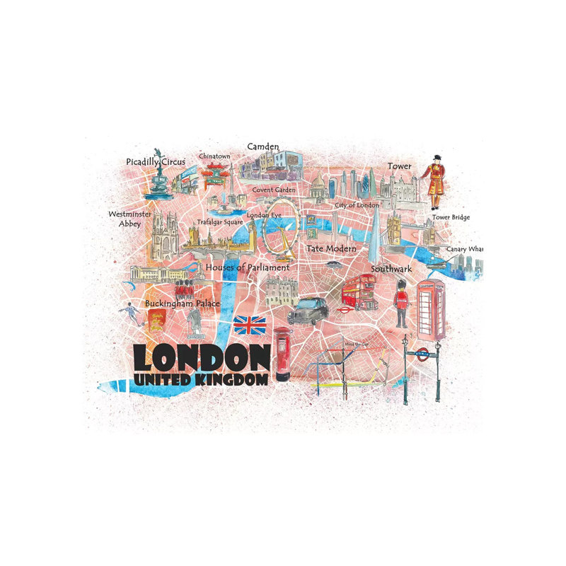 London UK Illustrated Map by Markus & Martina Bleichner - Painting on Canvas, Wrapped Canvas