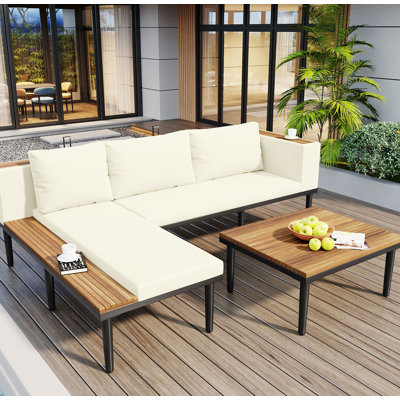 Old Sku: N704g00051 Ensemble de meubles de patio luxueux avec coussins amovibles et table basse, canapé en bois d'acacia en forme de L avec table d'appoint, canapé modulaire d'extérieur pour la cour
