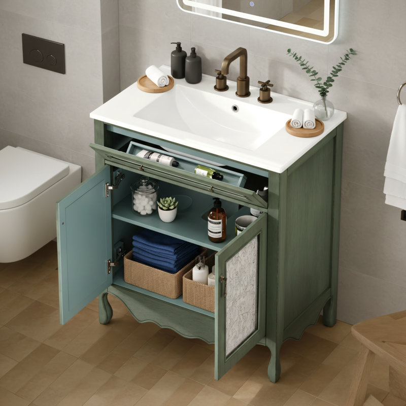 Ensemble de meuble-lavabo de 30 pouces rétro vert + bleu, lavabo en céramique, meuble-lavabo en bois massif avec tiroir rabattable, lavabo simple sur pied