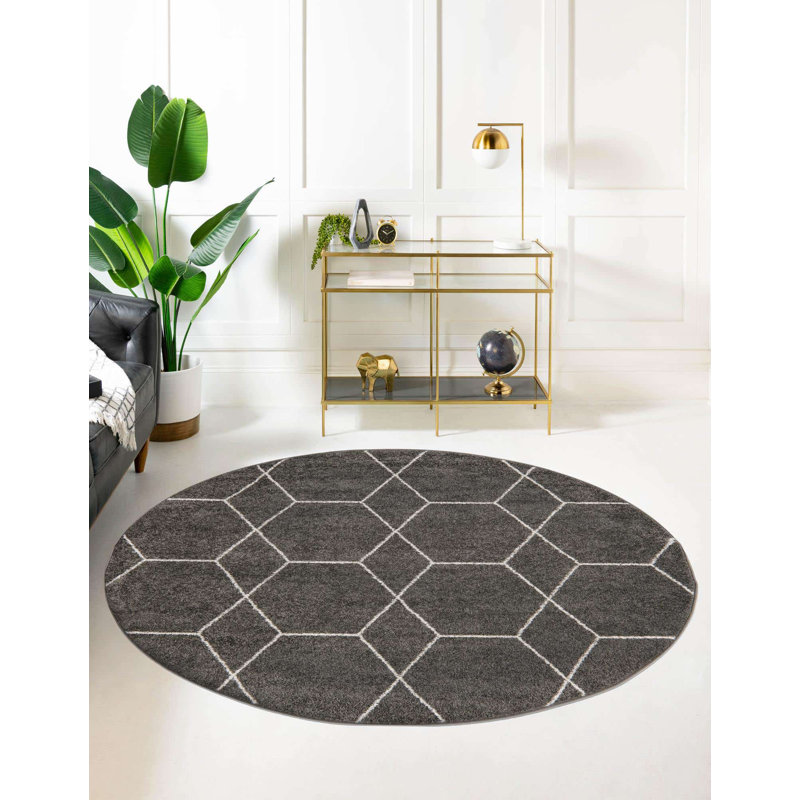 Tapis géométrique Debrodie, Rond 5 pi 3 po, Gris foncé