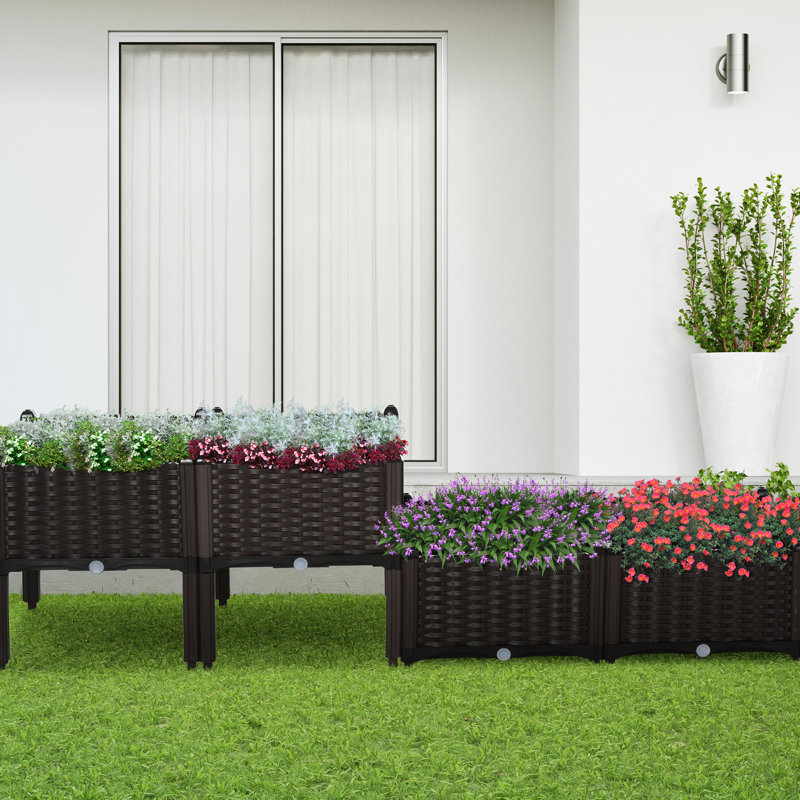 Lit de jardin surélevé avec pieds, jardinière en plastique à arrosage automatique pour herbes, légumes, fleurs, légumes 4 pièces brun intrigue