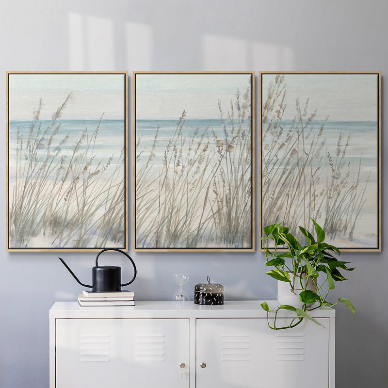 " Beach Grass II " 3 - Pieces Painting Print, 36" H x 75" W, Natural Framed