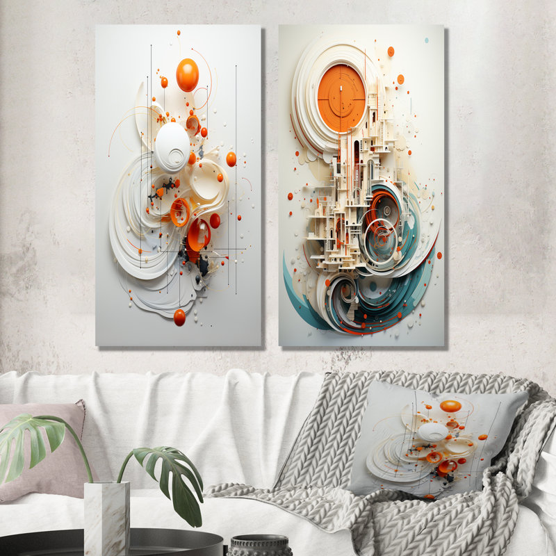 «Orange and White Spiraling Symmetry I», ensemble de 2 reproductions d'art sur toile géométriques abstraites, Toile tendue