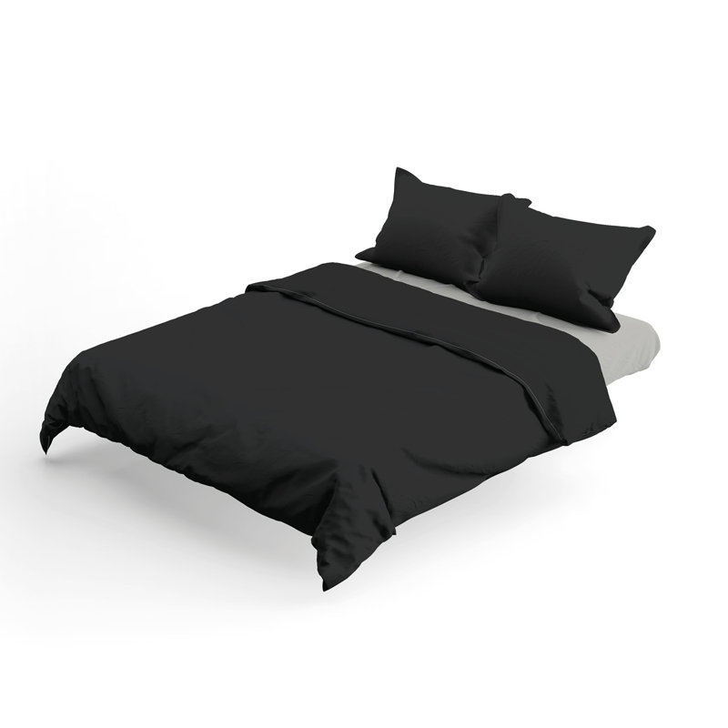 Cotton Solid Colour Duvet Cover Set with Pillowcases, Black, 135 x 200 cm - 1 Pillowcase 80 x 80 cm