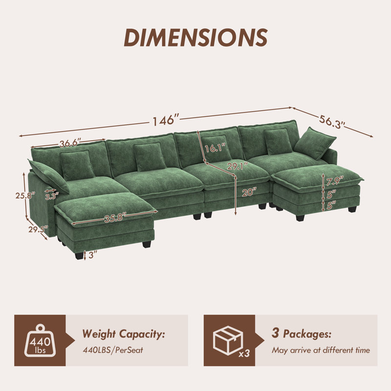 Canapé modulaire modulaire en U en chenille de 146,5 po avec deux repose-pieds George, Vert 