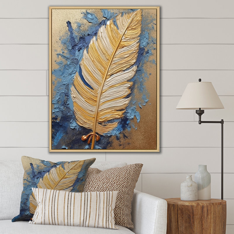 «Boho Glam Exquis Gold On Blue Feather», reproduction d'art sur toile, Cadre naturel flottant, H 20 po x l 12 po x P 1 po