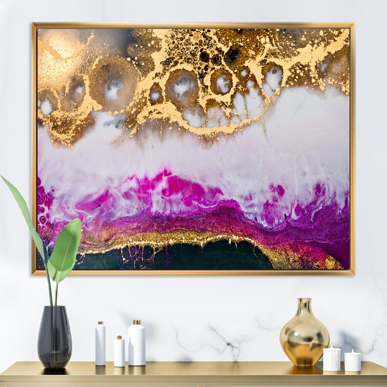Gold White and Fuchia Epoxy Resin Art - Painting on Canvas East Urban Home Format: Gold Floater Frame Canvas, Size: 30 H x 40 W