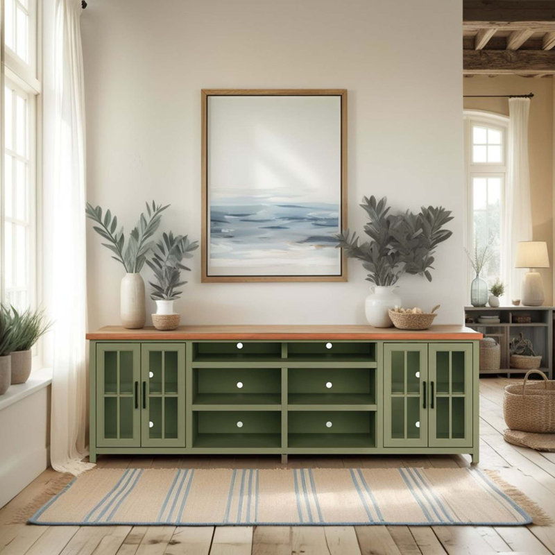 Meuble télé 96 po pour téléviseur de 100 po ou moins, assemblage requis, Vert sauge / bois fruitier