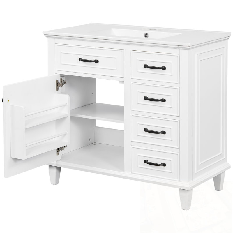 Meuble-lavabo de salle de bain avec lavabo, tiroirs rabattables et tablette réglable, Blanc