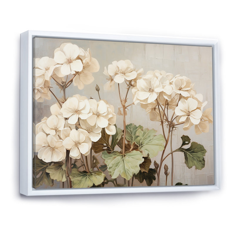 " Minimalism Beige Geraniums III ", White Floater Framed, 16" H x 32" W