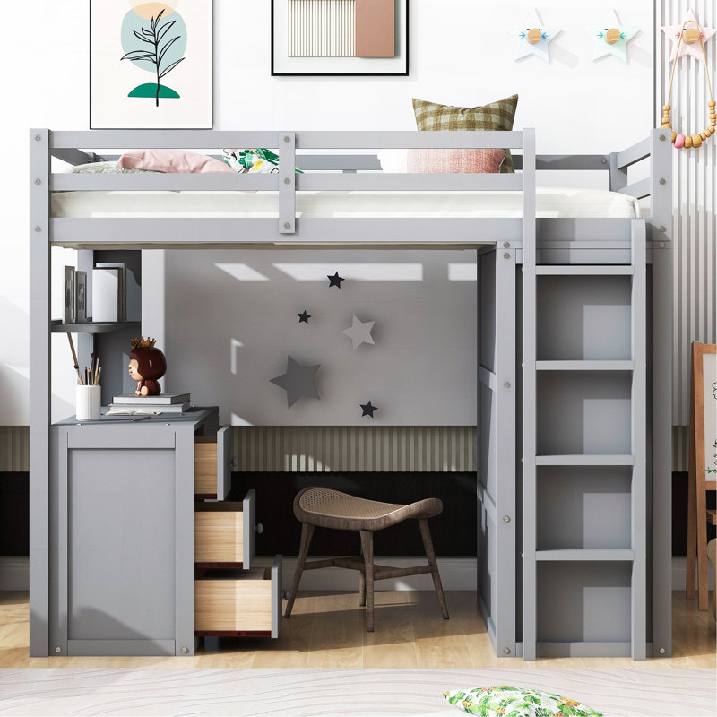 Twin Size Loft Bed With Drawers,Desk,And Wardrobe-Gray, Twin, Gray