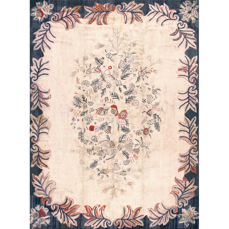 Ivory Room Size Antique European Floral Medallion American Hooked Rug