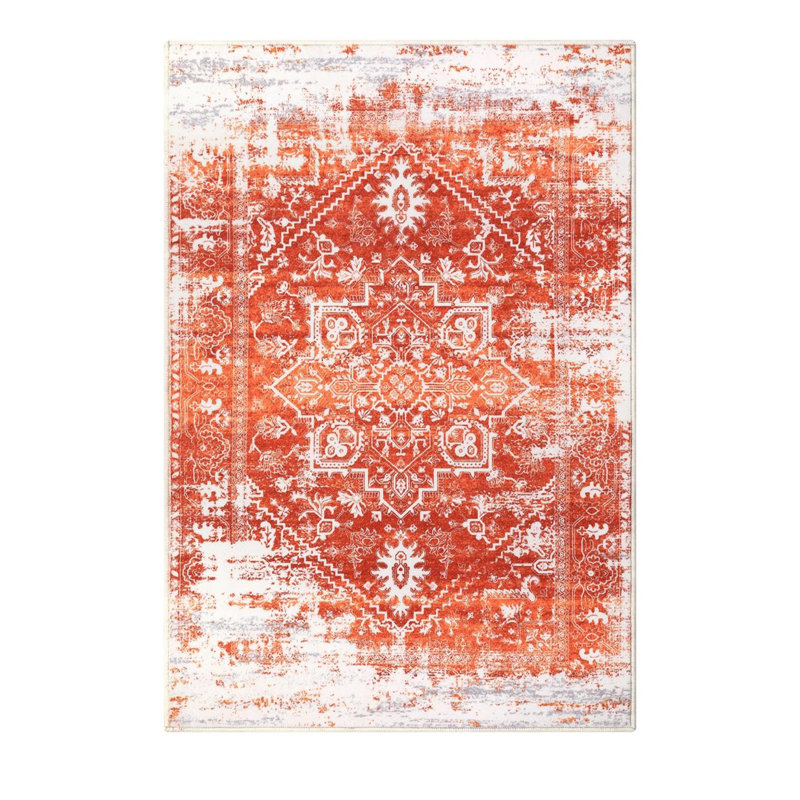 Rectangle Floral Washable Area Rug, Orange, Rectangle 160 x 230 cm