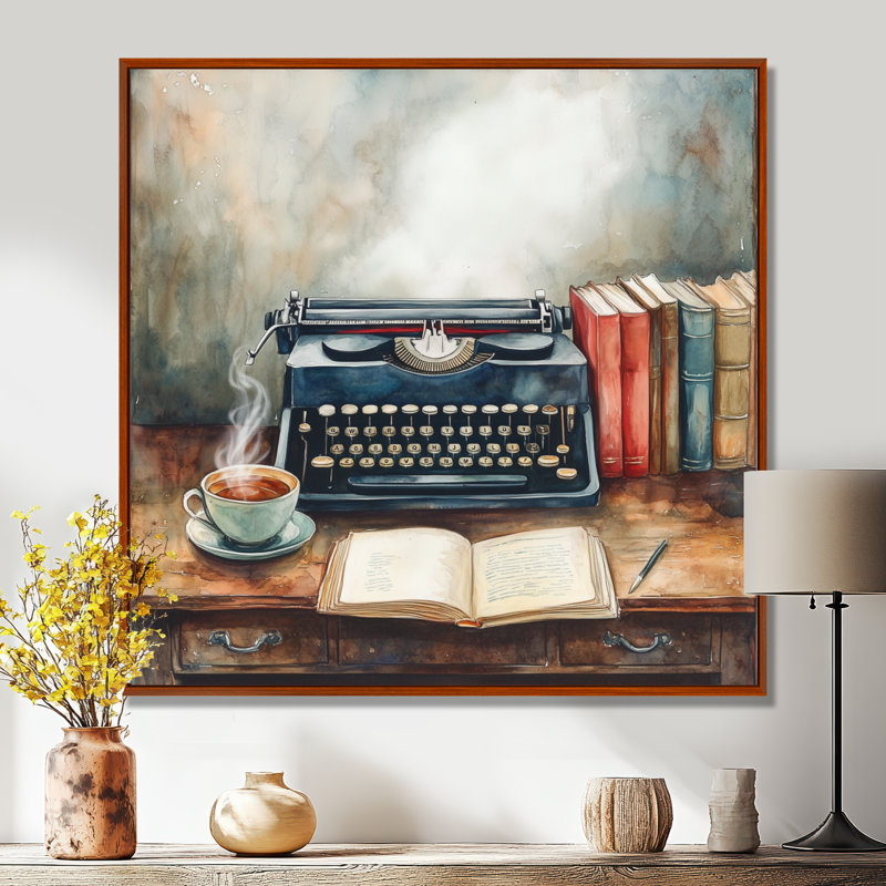 Typewriter Wall Art, Vintage Still Life Canvas, Typewriter & Tea Still Life, H 44 po x l 44 po, Cadre flottant brun