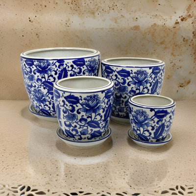 Ensemble de 4 pots à fleurs avec soucoupe, imprimé floral bleu rétro, céramique blanche