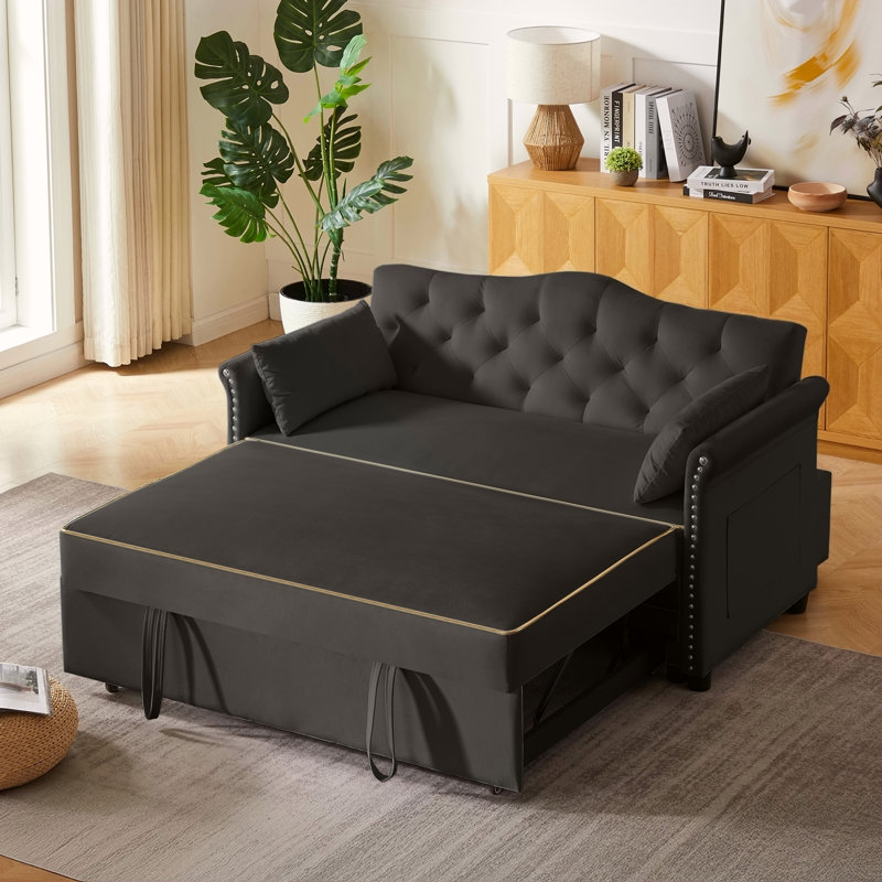 Canapé-lit convertible en velours noir avec dossier réglable et conception capitonnée pour une vie moderne, Noir