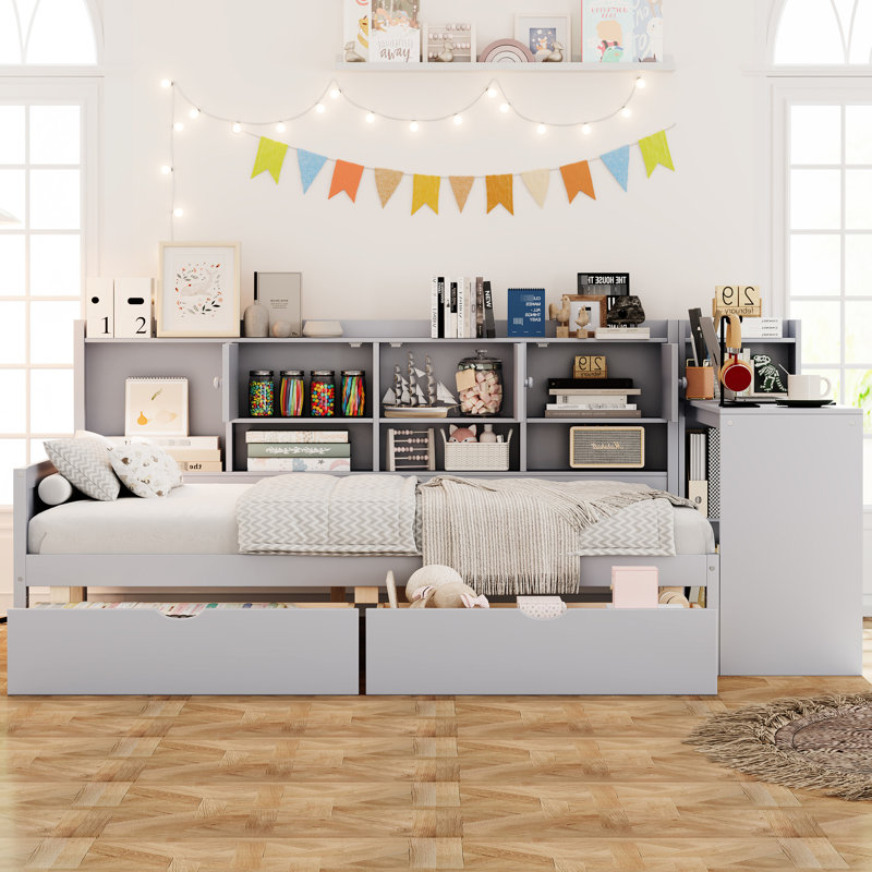 Lit de jour pleine grandeur en forme de L gris avec 3 armoires de rangement, 2 tiroirs, une zone d'étude personnalisable et une utilisation multifonctionnelle dans le bureau à domicile avec un rangement abondant, une bibliothèque intégrée à bureau réglable, idéale