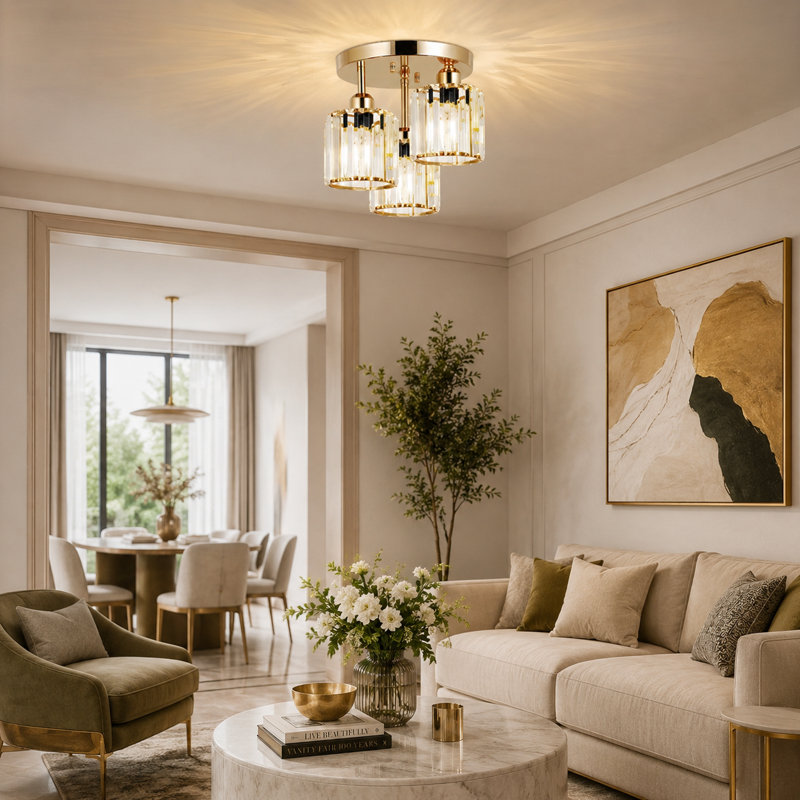 Modern Crystal Ceiling Light Fixtures, 3 - Light Semi Flush Mount Ceiling Light With Clear Crystal Shade, Gold