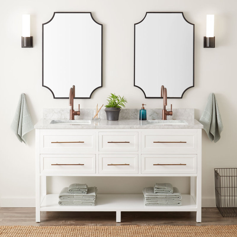 60" Robertson Double Bathroom Vanity Set with Rectangular Undermount Sinks, White, 8" Widespread, Feathered White Quartz