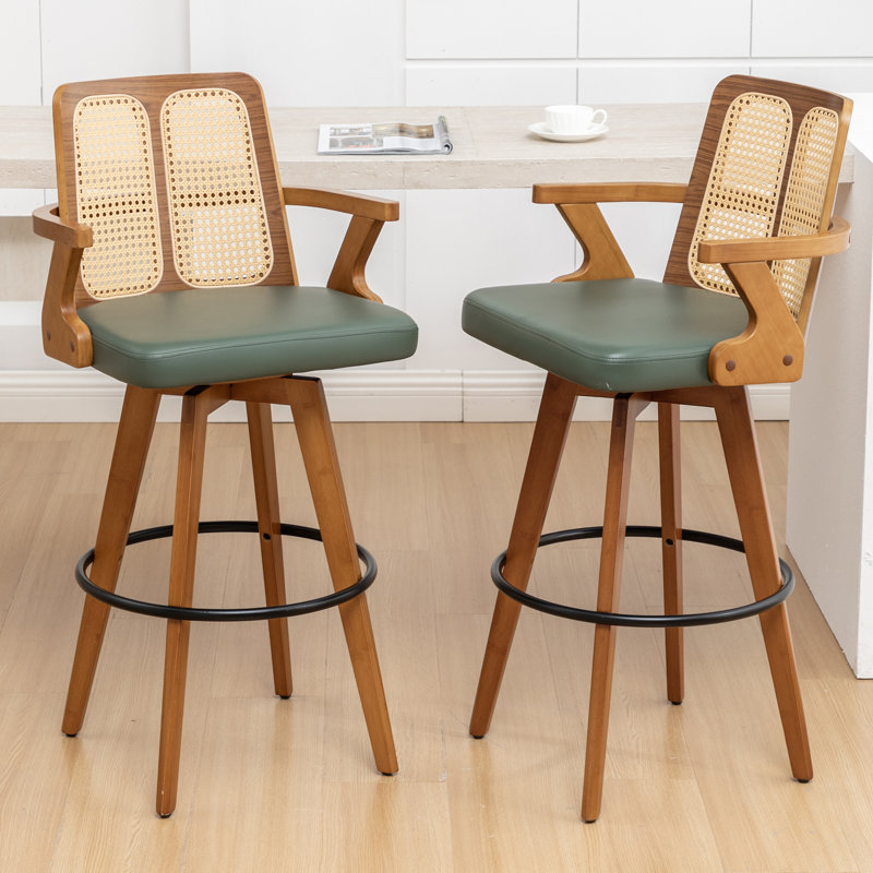 Modern Swivel Upholstered Cane Back Counter & Bar Stools, Green, Counter Stool (26” Seat Height)