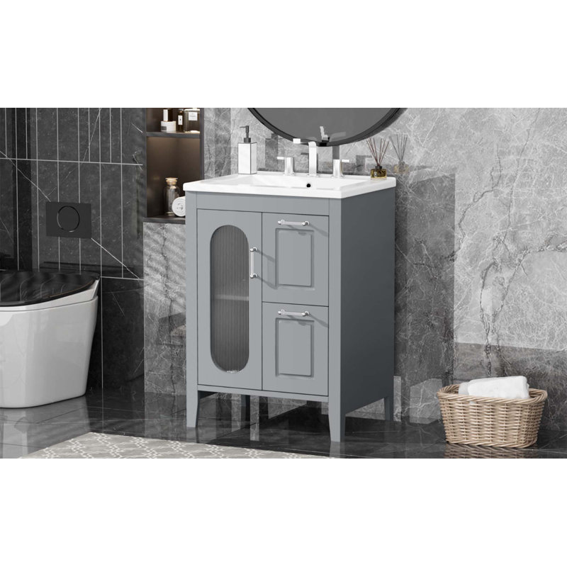 Meuble-lavabo 24 po avec lavabo, meuble-lavabo avec deux tiroirs et porte, tablette réglable, bois massif et panneau de fibres à densité moyenne