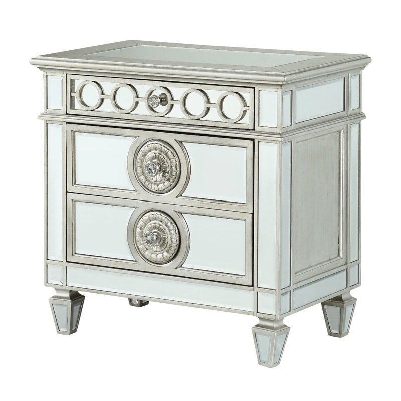 Mirrored Nightstand Silver - Elegant Motifs, Smooth Glides Stunning Raised Geometric Trim, Construction, 2 Drawers