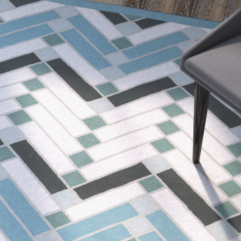 Tapis bleu / beige en coton tissé à la main à motif géométrique, Rectangle 8 pi x 10 pi