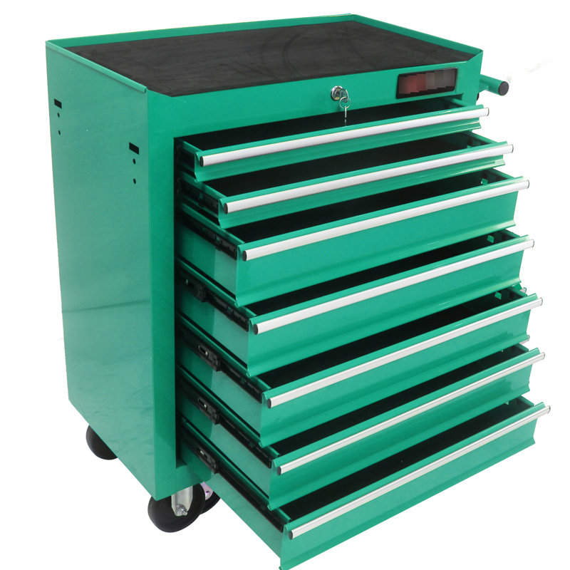 Chariot à outils 7 tiroirs avec roues, verrouillable, glissière à roulement de capacité de 15 kg, caractéristique évidente en acier laminé à froid, thermolaqué, atelier verrouillable à 4 freins et 2 roues