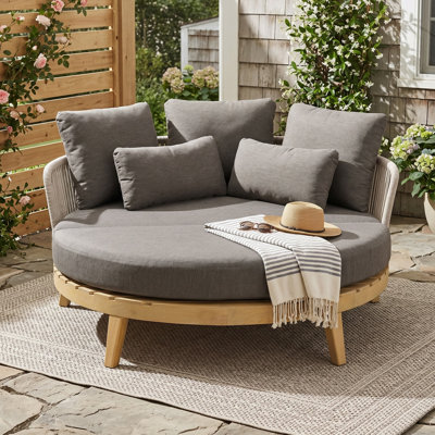 Kailani Modern Coastal Acacia Wood Round Outdoor Daybed with Rope Back and Water-Repellent Cushions