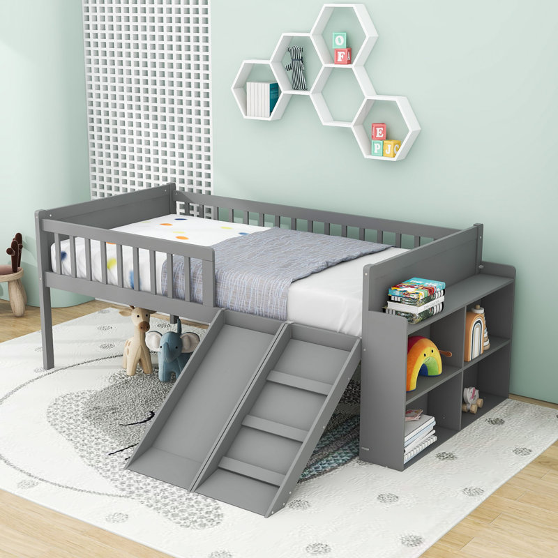 Twin Wood Loft Bed with Slide and Shelves, Gray