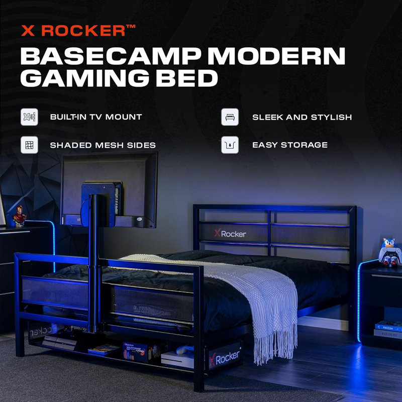 Full Size Gaming Bed With 180° Rotating Tv Mount And Vented Console Storage