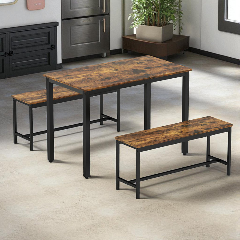 Rustic Industrial Dining Table Set With 2 Benches, Kitchen Breakfast Bar Table For Dining Room, Living Room, Party Space, Brown & Black, 43.3″l X 23.6″w X 29.9″h