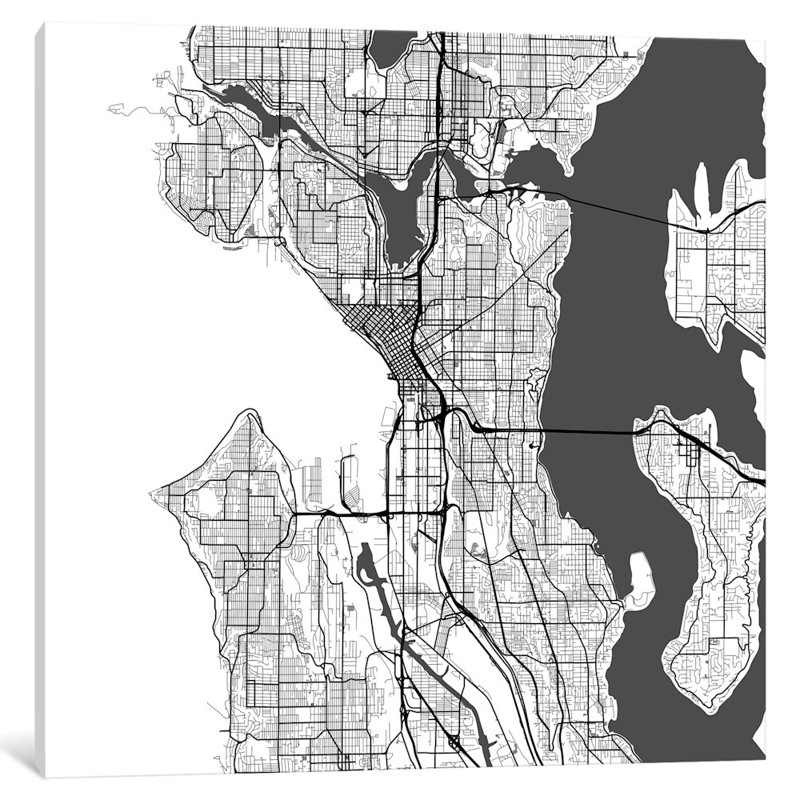 « seattle routes », impression sur toile tendue grise, H 24 po x l 24 po x P 1 po, Papier d'art encadré noir, Blanc