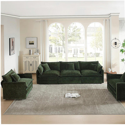 Ensemble de canapés de 3, 1 + 1 + 3 sièges, ensemble de canapé de salon, fauteuil d'appoint, causeuse et canapé à trois places avec accoudoirs ronds de style moderne et chenille verte 3 pièces