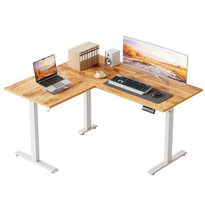 Bureau debout en forme de L de 55 pouces, bureau électrique à hauteur réglable pour le bureau à domicile, grand bureau d'ordinateur ergonomique avec 3 boutons de mémoire, gestion des câbles, bureau d'angle pour la maison et le bureau, brun rustique clair