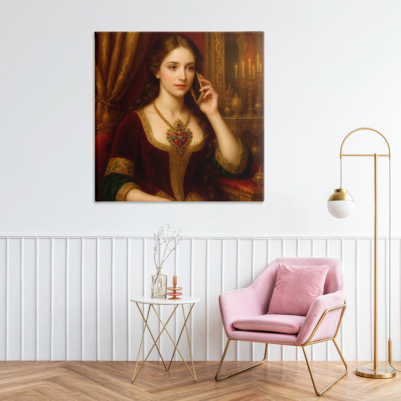 Femme rococo avec toile de téléphone portable, design par Grotto Studios, H 36 po x l 36 po