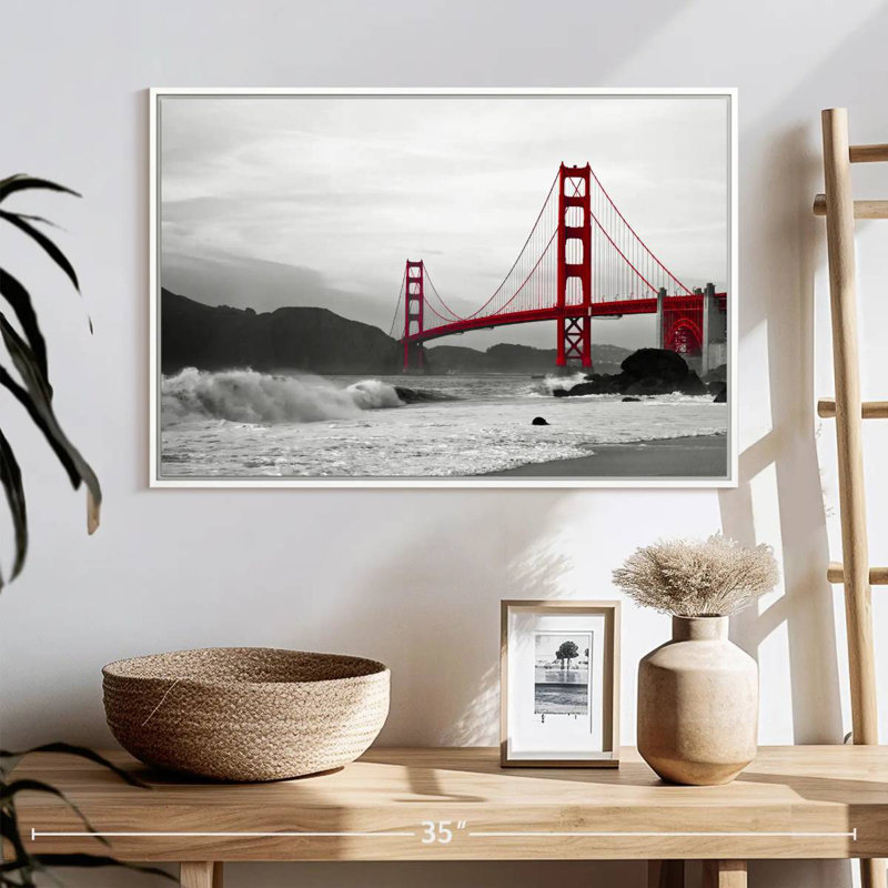 Golden Gate Bridge Beach, Cadre flottant blanc, 25 po x 17 po