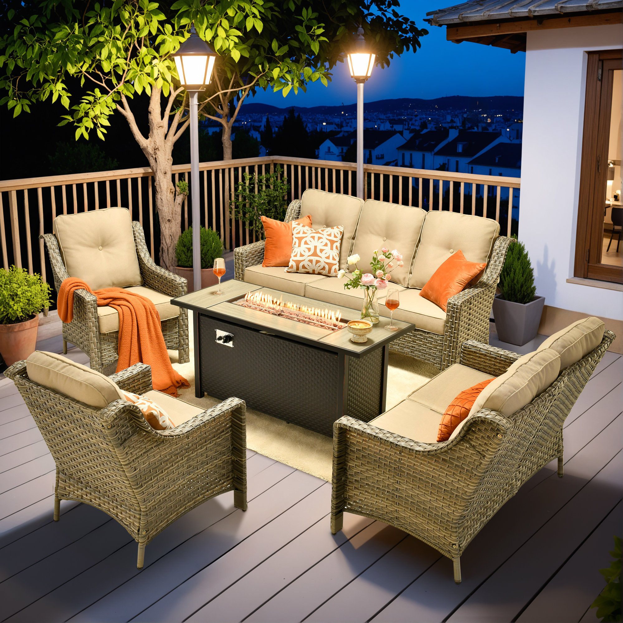 Red Barrel Studio Outdoor Wicker Patio Furniture Set with Fire Pit Table  Cushioned Seating for Cozy Evenings Wayfair Canada