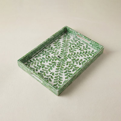 Mother of Pearl Mosaic Tray with Green Leaf Design, Decorative Serving Tray