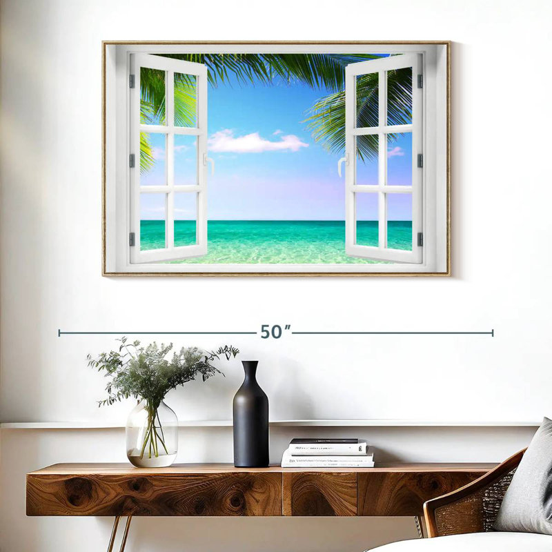 Fenêtre sur la plage turquoise, Cadre flottant en bois naturel, 43 po x 29 po