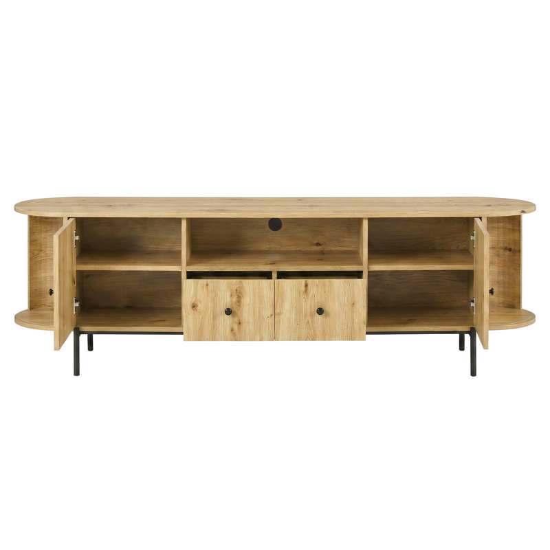 Meuble télé de style américain avec portes arquées en rotin, tiroirs, rangement dissimulé, pieds en acier, coins arrondis